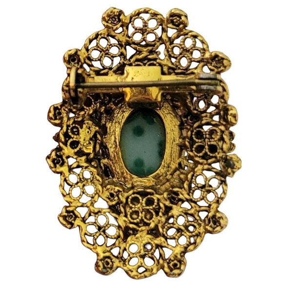 Gold Tone Vintage Oval Filigree Green Mottled Cab Faux Pearl Brooch E851 - Picture 5 of 9